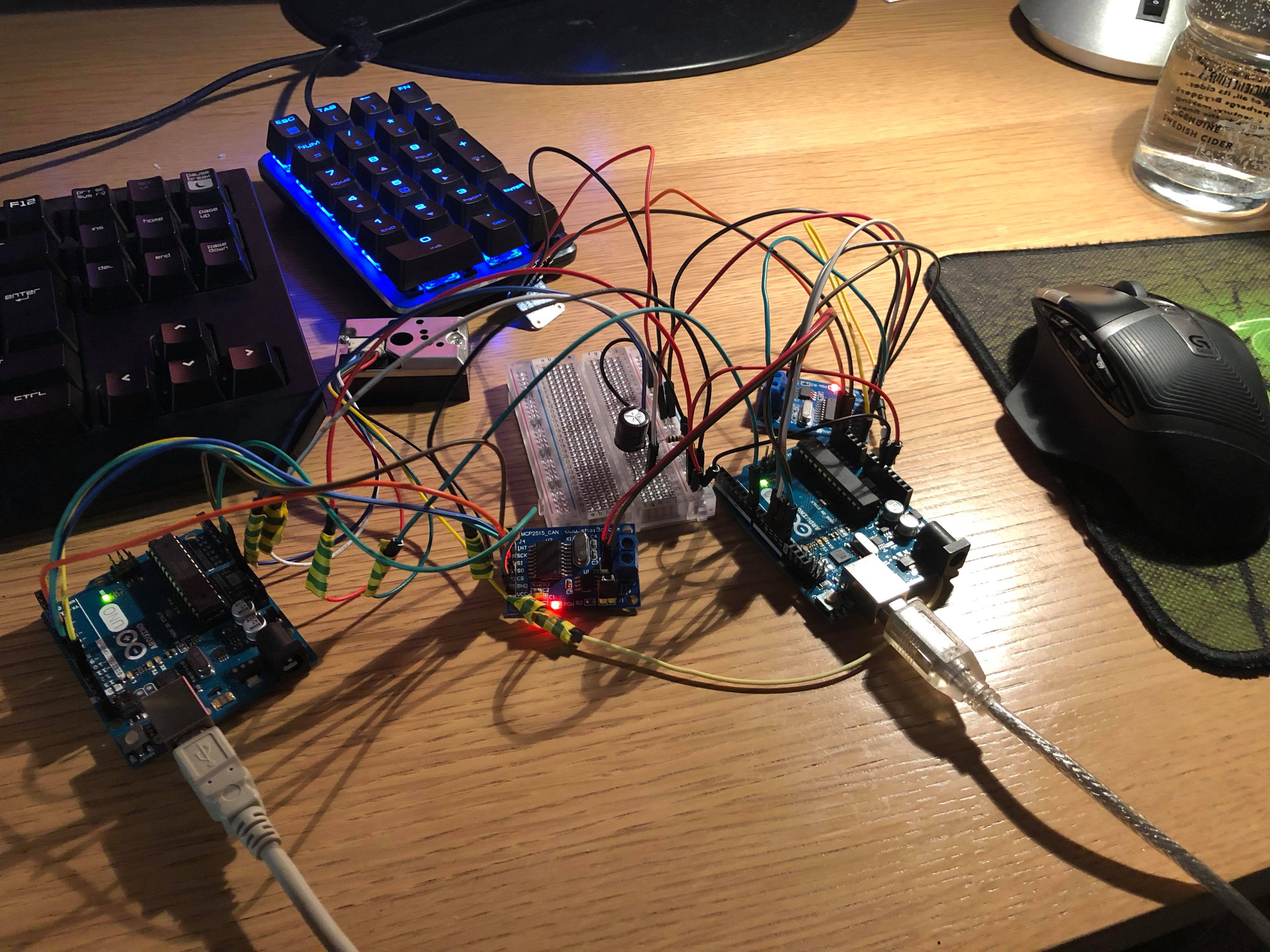 picture of two arduinos connected via CAN bus